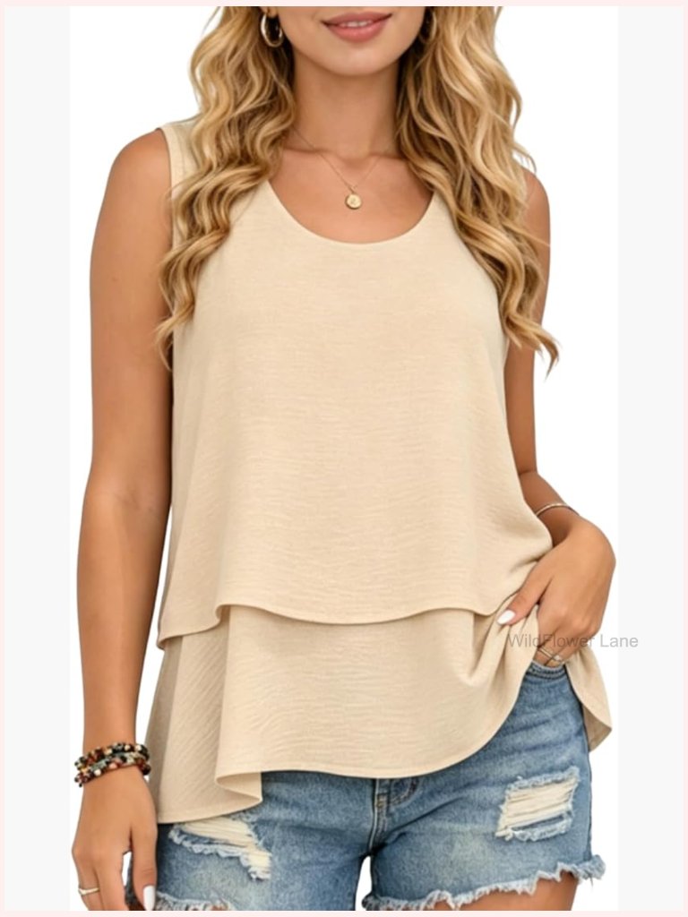 Flowy Chiffon Sleeveless Blouse Double Layers Tank Top Casual Dressy V-Neck